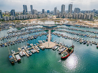 Ashdod city complete beautiful panoramic aerial view from the sea showing it modern marina...