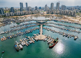 Ashdod city complete beautiful panoramic aerial view from the sea showing it modern marina...
