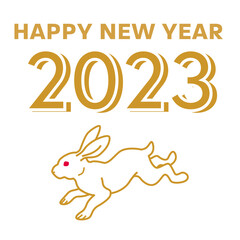 Obraz na płótnie Canvas 2023　卯年　賀詞付き年賀素材　HAPPY NEW YEAR - 跳躍する白兎