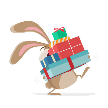 funny cartoon rabbit carrying gifts