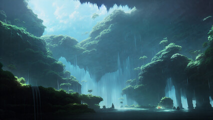 Artwork of fantastical unrealistic caves, floating, wet, good lighting