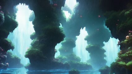 Artwork of fantastical unrealistic caves, floating, wet, good lighting