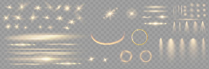 Light effect set. Glow isolated white transparent light effect set, lens flare, explosion, glitter, dust, line, sun flash, spark and stars, spotlight, curve twirl. Sunlight, abstract special effect. - obrazy, fototapety, plakaty
