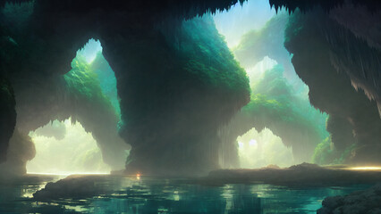 Artwork of fantastical unrealistic caves, floating, wet, good lighting