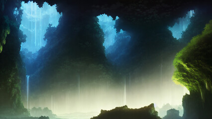 Artwork of fantastical unrealistic caves, floating, wet, good lighting