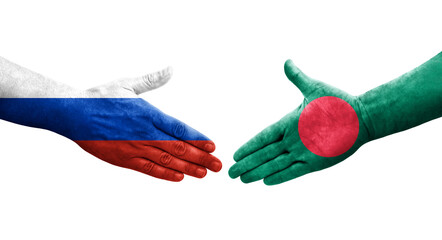 Handshake between Bangladesh and Russia flags painted on hands, isolated transparent image.