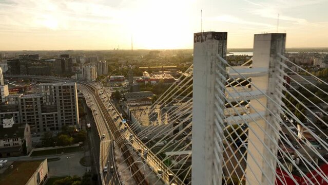 Aerial View Of Traffic Driving At Basarab Overpass During Sunset In Bucharest, Romania.