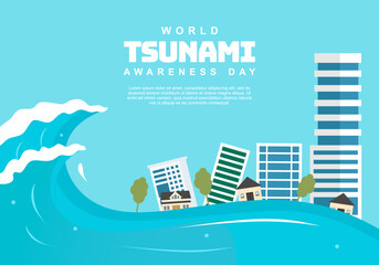 World tsunami awareness day background with building and wave. - obrazy, fototapety, plakaty