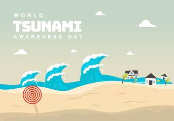 World tsunami awareness day background with wave and houses. - obrazy, fototapety, plakaty