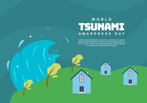 World tsunami awareness day background with wave and houses.