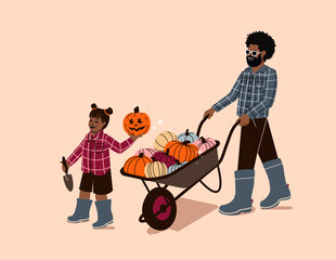 father and daughter pumpkin wheelbarrow picking - child and parent pumpkin picking patch - pumpkin farm harvest autumn - black family pumpkin picking - African American girl and dad