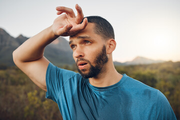 Fitness, breathing and tired sweating man running outdoors with fatigue, body challenge and...