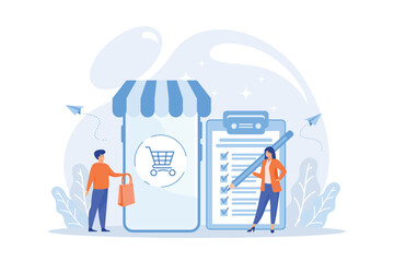 Man doing purchases from shopping list. Customer with package, buying goods. Purchase agreement, in-app purchase, buying process concept, flat vector modern illustration