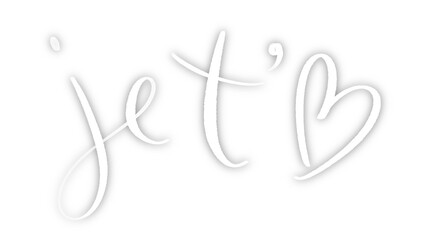Fototapeta premium JE T'AIME (I LOVE YOU in French) white brush lettering with drop shadow on transparent background