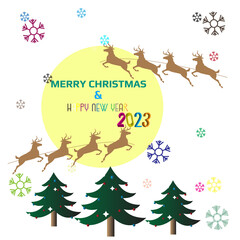 Obraz na płótnie Canvas Background christmas card with deer happy new year.Traditional Corporate Holiday cards with Christmas tree, reindeers, birds, ornate floral frames, background and copy space