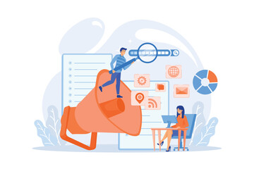 Business team with megaphone and media icons work on search engines optimization. Online marketing, seo tools concept on white background, flat vector modern illustration