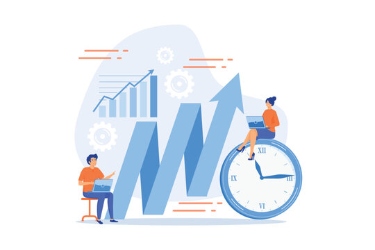 Businessman working on clock hand and businesswoman with laptop. Productivity, efficiency of production, qualification concept on white background, flat vector modern illustration