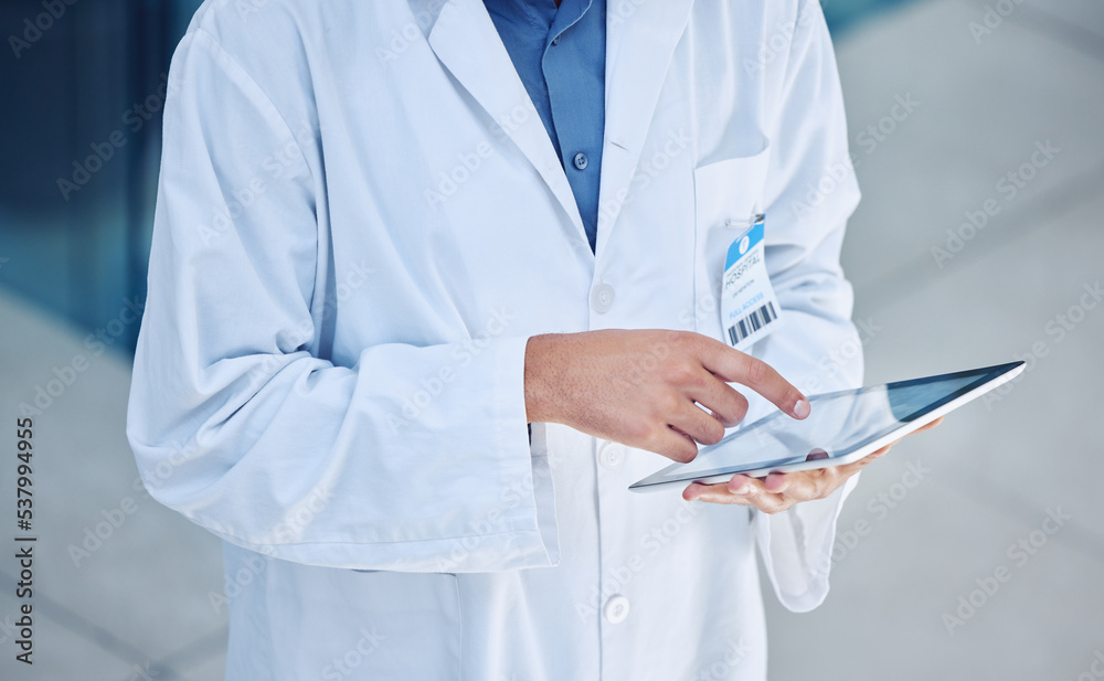 Poster doctor, digital tablet and healthcare with man using 5g network for research, information technology