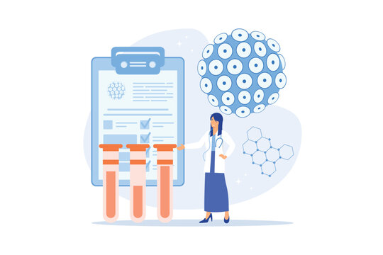 Doctor diagnosis HPV virus. Cervical cancer early diagnostics and checkup. Scientist analyzing infected cells. HPV vaccination for reduce virus infection risk or oncology, flat vector modern illustrat