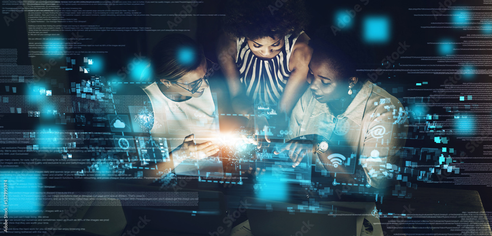 Poster Woman, cyber security and IoT with technology for team, meeting or programming working at night with digital overlay. Group of female employee developers code, app or big data in futuristic network