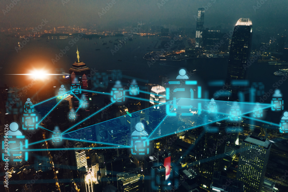 Poster smart city, iot network and cloud computing, night drone or aerial view of buildings or skyscrapers.