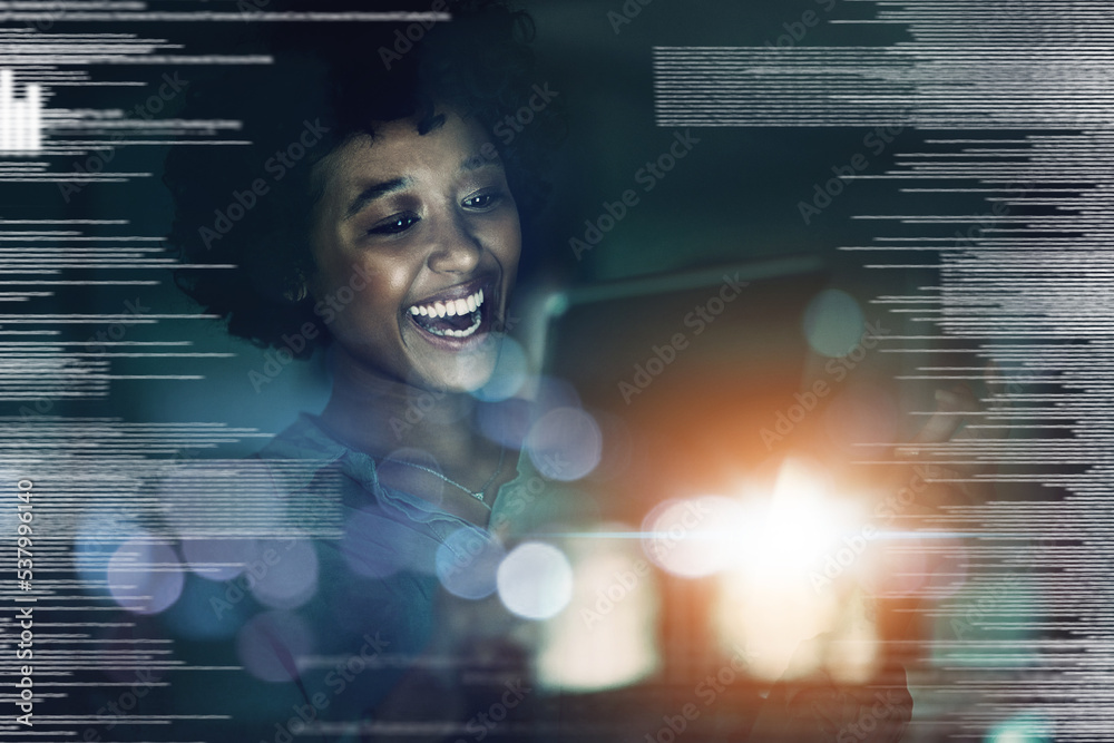 Poster digital overlay, business black woman and tablet technology innovation light bokeh for networking, f