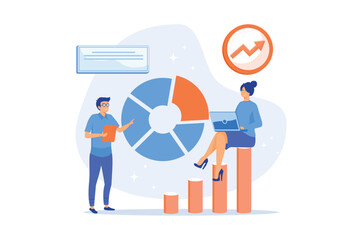 Compare quality with competitor companies. Performance, quality, cost comparison. Development strategy. People standing near indicator improves company productivity and increases profits, flat vector 