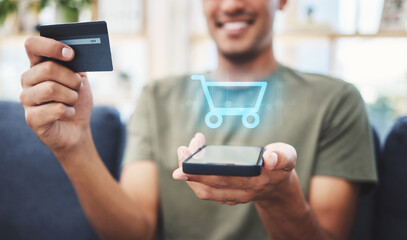 Online shopping, cart hologram and credit card with phone ecommerce connection, grocery network and fintech digital marketing. Man hands, webshop payment icon and customer mobile app finance economy