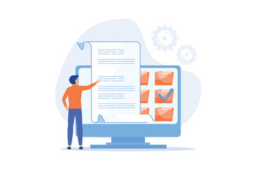 Records management concept. Man stands next to computer monitor and sorts information into folders. Order in digital files and documents. Employee perform inventory, flat vector modern illustration