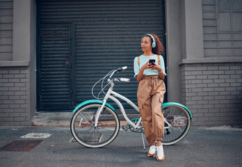 Phone, bike and city travel for woman with music headphones, podcast or radio in London city. Thinking fashion student, mobile or cool model with eco friendly and future environment energy transport