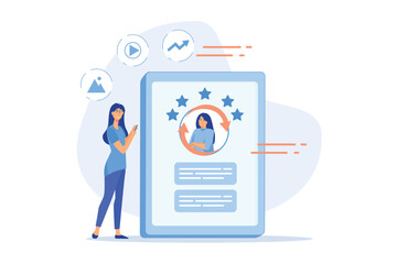 Marketing team working on personal brand, creating corporate identity, advertising profile or web site of female professional, flat vector modern illustration