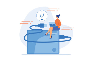 Tiny business people at laptops using portable external hard drive. External hard drive, data storage device, external storage hdd concept, flat vector modern illustration