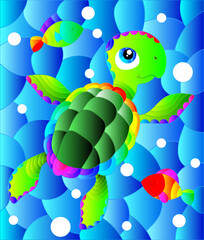 Illustration in the style of stained glass with bright cartoon turtle on the background of the sea floor, fish and water, oval image
