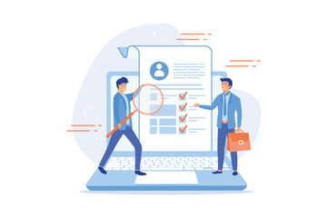 Obraz na płótnie Canvas HR specialists choosing best candidate for job. Profiles of various people with ranking. Company searching new employee. Concept of cv resume and recruitment process, flat vector modern illustration