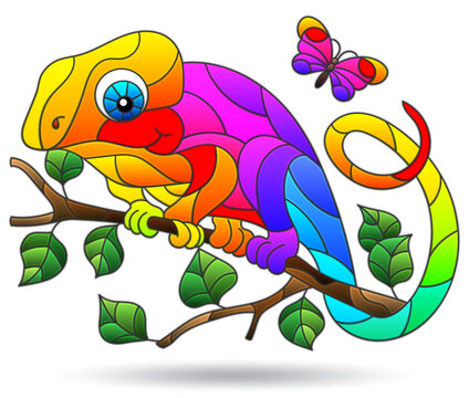 An illustration in the style of a stained glass window with a bright chameleon, an animal isolated on a white background