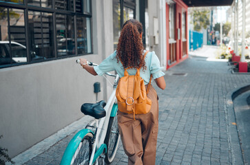 Woman, bike or city travel with eco friendly, carbon footprint environment sustainability or future...