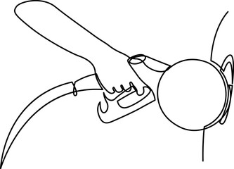 Continuous line drawing of hand holding refueling gun next to the car. Concept of refueling car at gas station. Vector illustration.