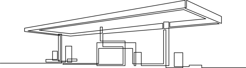 Single one line drawing of gas station building construction. Fuel station service isolated doodle minimal concept. Trendy continuous line draw design. Vector illustration.