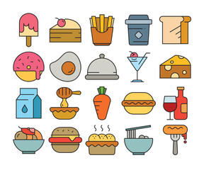 food and dessert icons set illustration