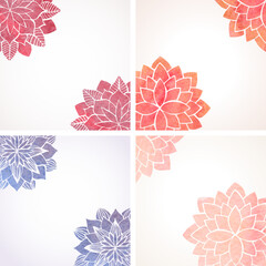 Set of vector templates or backgrounds with watercolor floral patterns, pink, red and blue flower mandala