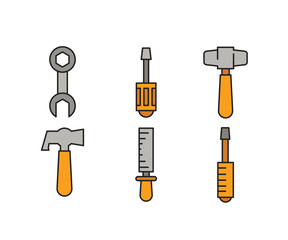 hammer, wrench, rasp and screwdriver icons set