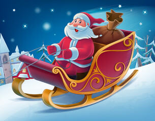 illustration santa claus on sleigh delivers christmas gifts - 537999988