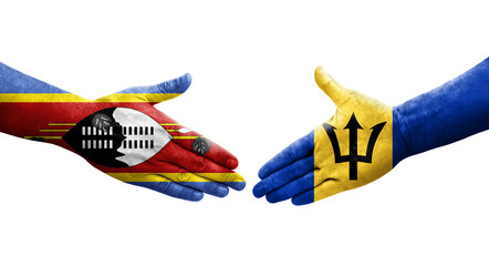 Handshake between Barbados and Eswatini flags painted on hands, isolated transparent image.