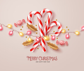 Christmas candy cane vector design background. Merry christmas and happy new year text with candy cane and candy elements for xmas greeting card decoration. Vector Illustration.