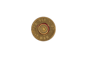 Rim of used firearms cartridge 5,56 x 45 isolated on white background.