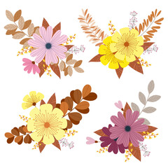 Multicolored flowers and leaves set, wedding concept Invitation letter for greeting cards on white background