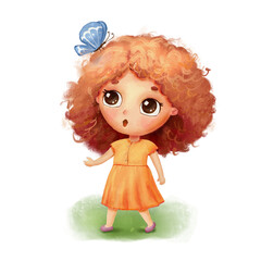 Cute girl in yellow dress with butterfly on head. Funny hand drawn character in cartoon style isolated on white