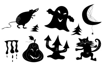 Cartoon pumpkin, cat, moon,rat, house. Vector halloween black silhouette illustration.