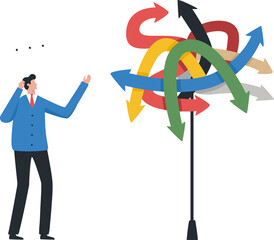 Choosing a Business or career path. Confusion, uncertainty in choosing a route. Businessman looking at multiple road sign with question mark.