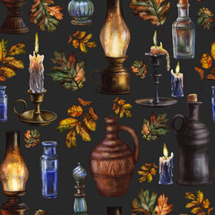 Watercolor hand-painted seamless pattern with old lamps, candles, autumn foliage and dark gray background